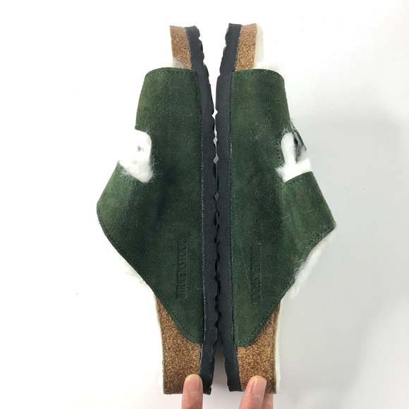 NIB Birkenstock Arizona Suede Shearling Fur Mountain View Green Sandals Shoes - Picture 2 of 11